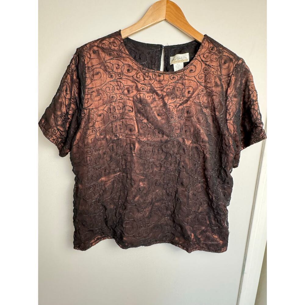 Vintage New York City Design Co Woman's 1X Copper Sheer Black Embroidered Blouse